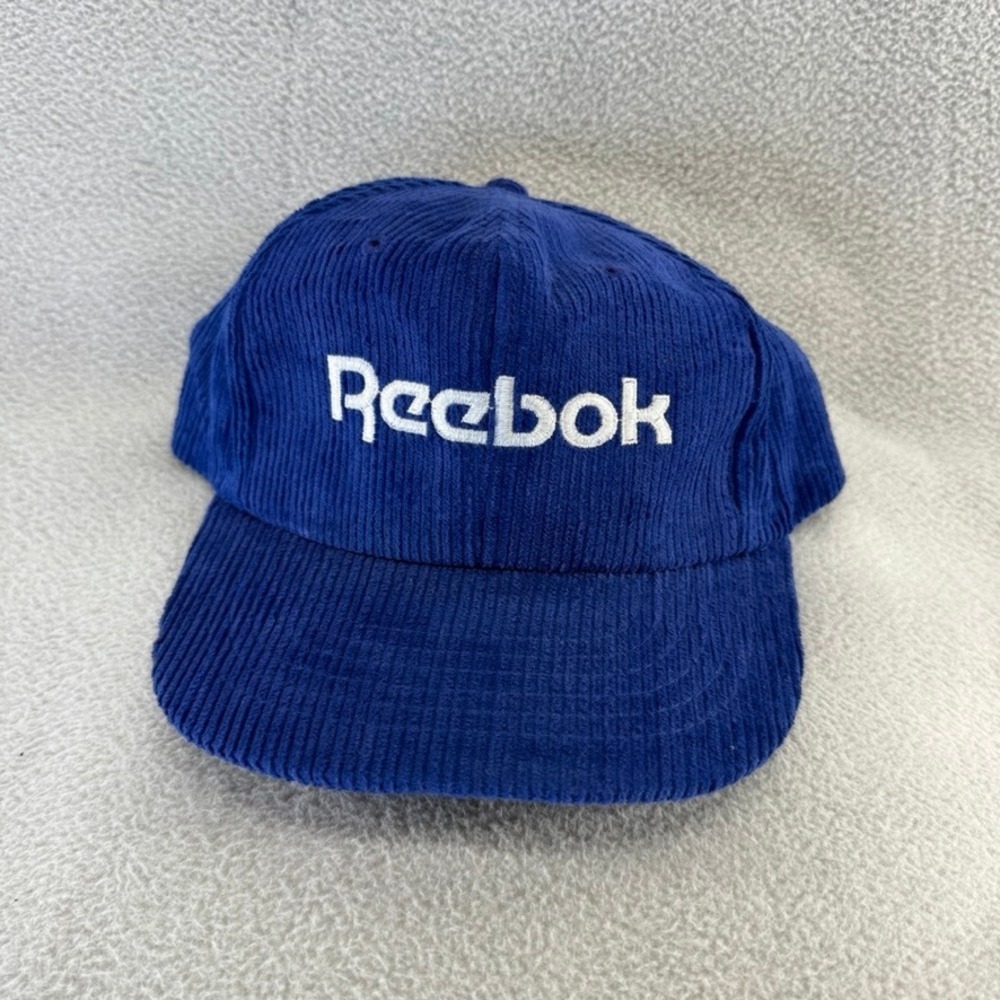Vintage Reebok Hat Mens OSFA Blue White Corduroy Adjustable Strapback Spellout